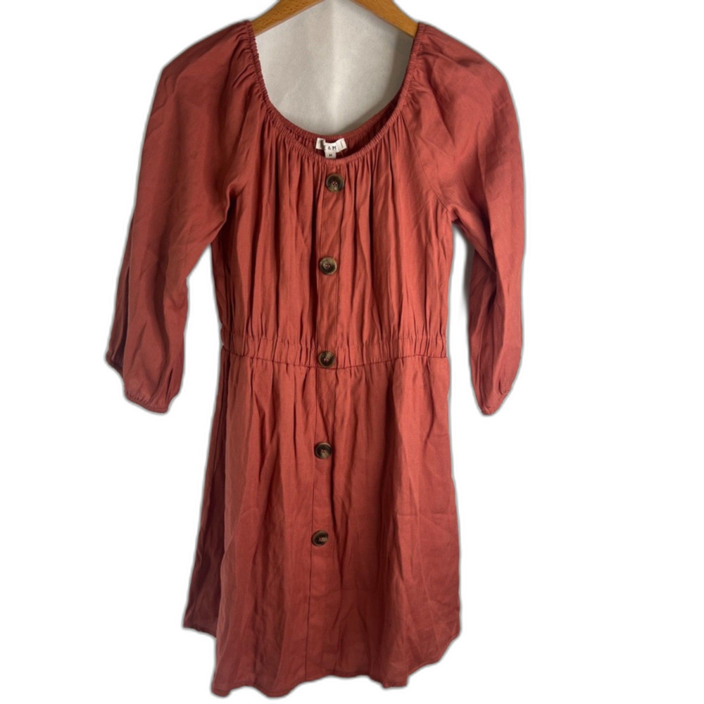 E & M Dark Pink Off Shoulder Lined Mini Fit & Flare Dress Front Button Sz Medium